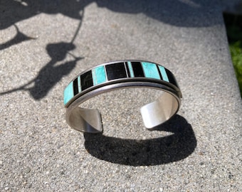 A. Yazzie Navajo Turquoise Onyx .925 Inlay Cuff Bracelet Sterling Silver