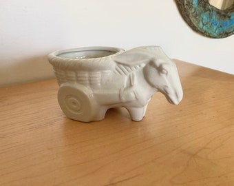 1940s White 6.5" Donkey Pulling Basket Cart Planter