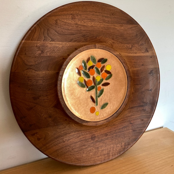 MCM Cheese Tray  13.5"  Enamel over Copper and Walnut Wood Ernest Sohn Tree of Life