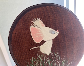 1970s White Mouse Pink Ears 5" Handpainted Wood Plaque Hangs