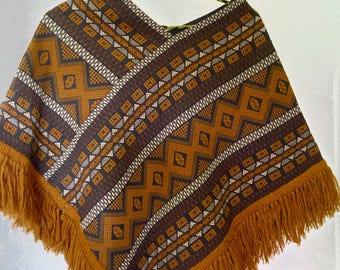 1970s BoHo Poncho w/ Fringe 'Mayan Modern" Brand Handwoven Guatemala