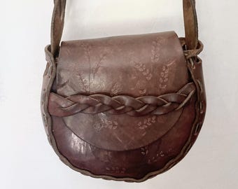 Vtg Hippie Tooled Wild Flowers Leather Purse Bag