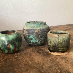 Collection 3 Small Handmade Pottery Pots Aqua Turquoise Moss Black Brown