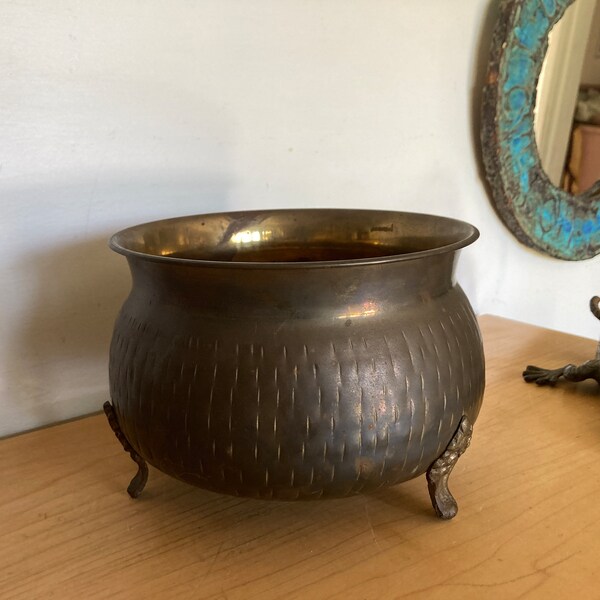 Vintage Brass Footed Bowl Cauldron 7.2W" Planter