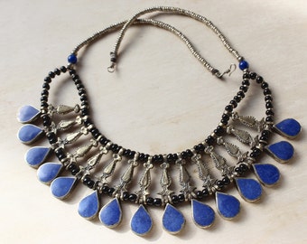 Lapis Tribal Bib Necklace with Black Glass & Brass Silver Metal Beads - Vintage Afghan