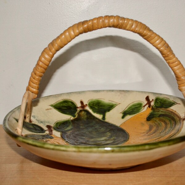 Puigdemont Pottery Fruit Bowl Basket w/ Handle 11" - Vintage Ceramic Spain