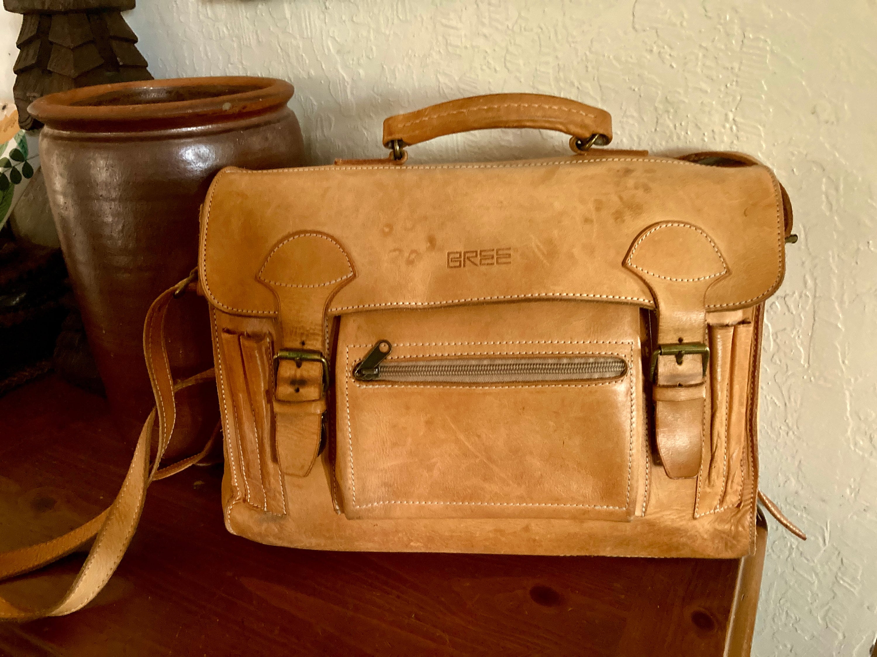 70s SCHOOL BAG, Hippie Leather Briefcase, Large 80s Vintage Messenger Bag,  15 L