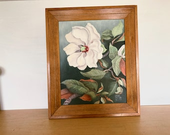 Magnolia Painting 14 x 17 Signed Susan Markey 1973 in Handmade Wood Frame