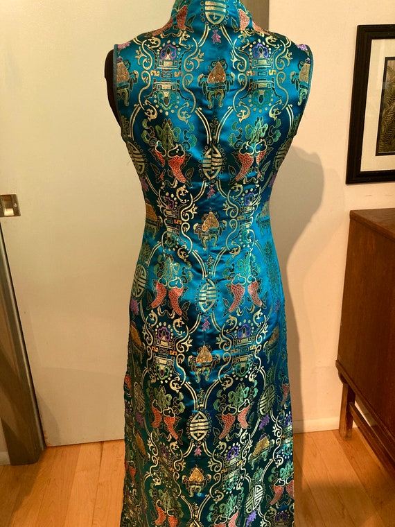 Vintage Sleeveless Long Sz XS Cheongsam Peacock B… - image 4