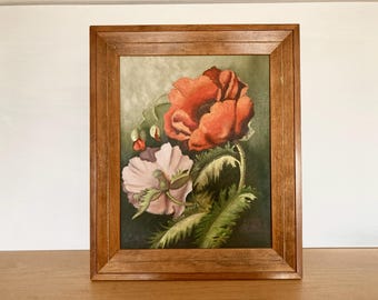 Poppies Painting 14 x 17 Signed Susan Markey 1974 in Handmade Wood Frame