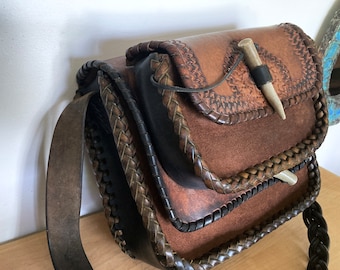 Large 1960s Tooled Leather Messenger Bag Unisex