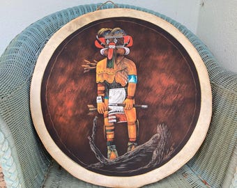 Signed Katsina 22" Hopi Drum Double Sided Painting of Left Handed Hunter