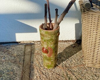 9T" Folk Art Log Pottery Vase Handmade Mid Centrury - Green Brown