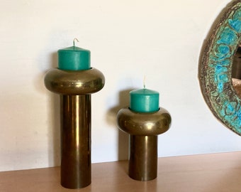 Modernist Heavy Brass Mushroom Shape Candle Holders 5.5 & 8.5" Tall