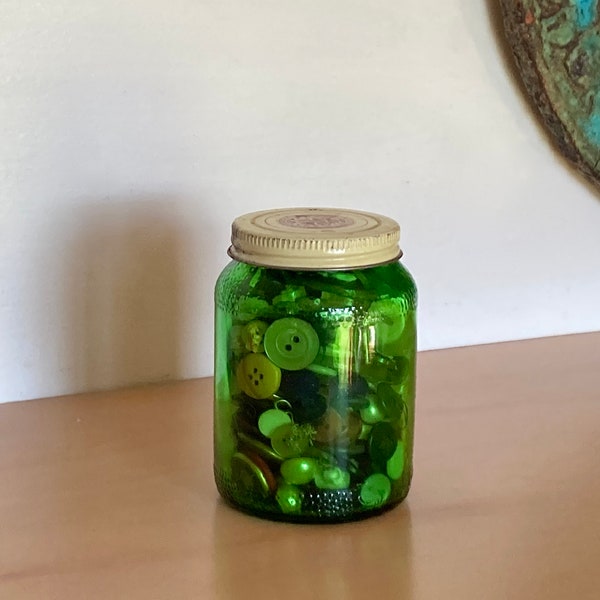 Button Filled Old Green Apothecary Jar  - Duraglas Mckesson Medical Green