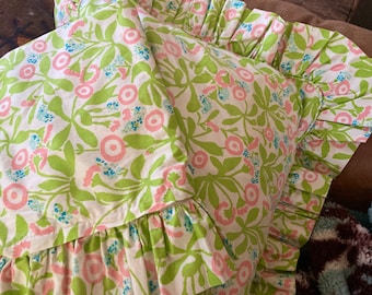 1960s Pink Green Ruffled Pillow Shams 18 x 24" Plus 3L"  Ruffles