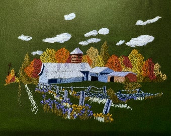 1970s Harvest Sheds Crewel Embroidery 19 x 25"