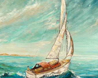 Sailing 20 x 30" Painting Signed Ann Gaynor Canvas