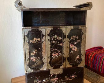 Antique 25T" Asian Black Lacquer Cabinet - Small Japanese Tansu Chest