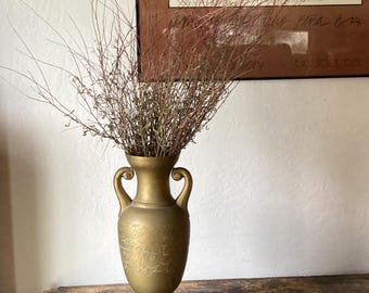 Large Heavy Brass Urn 15" Etched India - Bohemian Decor