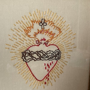 IHS Sacred Heart Embroidered Picture 7.25W x 8.8T" Framed - Handmade Vintage Catholic Religious Symbol