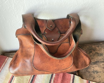 70s Handmade Heavy Leather Bag - Rolled Handles - Unisex