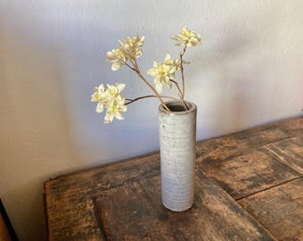 Vtg Light Gray 10" Pottery Cylindrical Vase