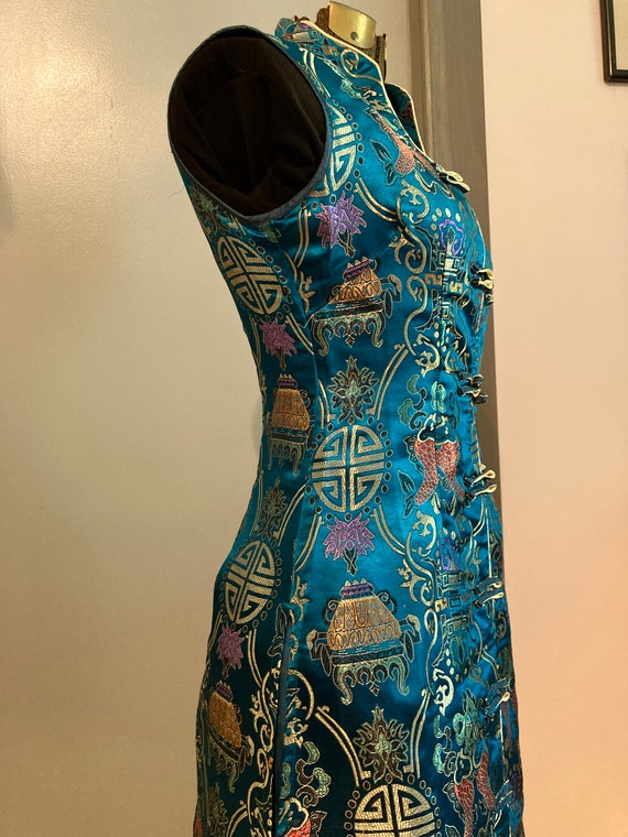 Vintage Sleeveless Long Sz XS Cheongsam Peacock B… - image 3