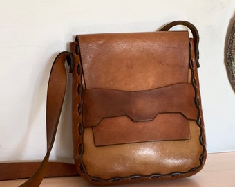 1970s Handmade Heavy Leather Messenger Bag Unisex