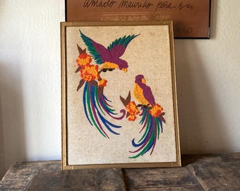 1950s Crewel Embroidery Tropical Parrots 18 x 23" Framed