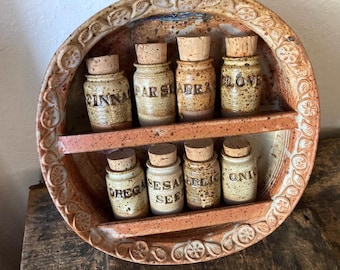 1970s Jeanne Drevas Pottery Spice Rack and Jars