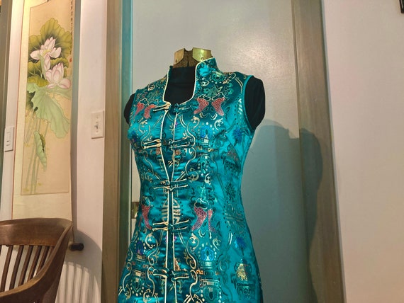 Vintage Sleeveless Long Sz XS Cheongsam Peacock B… - image 1