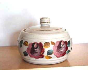 Rare 1940s Ransburg WHITE Beanpot 9" Handpainted Folk Art Pottery Casserole - Hand Painted Fuschia Flowers