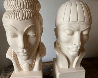 Mid Century Asian 25T" Chalkware Bust Lamps - Man and Woman