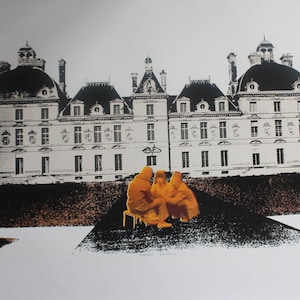 May include: A black and white print of a large building with multiple domes and windows. In the foreground, three figures in orange clothing are seated on a small stool. The print has a minimalist style with a white background.