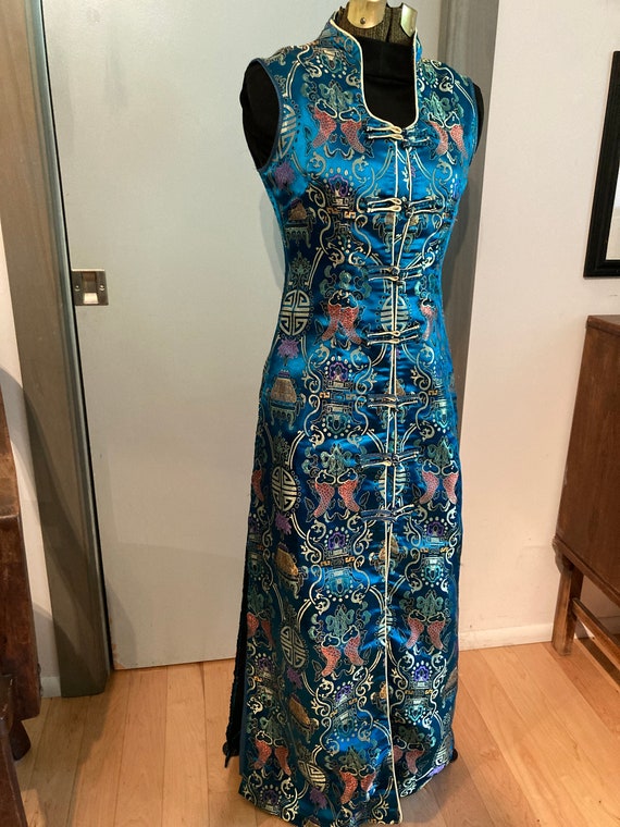 Vintage Sleeveless Long Sz XS Cheongsam Peacock B… - image 2