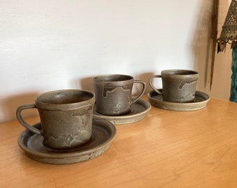 Rustic Modern 3 Cup and Saucer Sets Signed Pottery