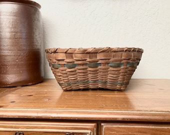 Antique 14.5"  Split Wood  Basket Handwoven Basket w/ Blue Green - Egg Potato Gathering