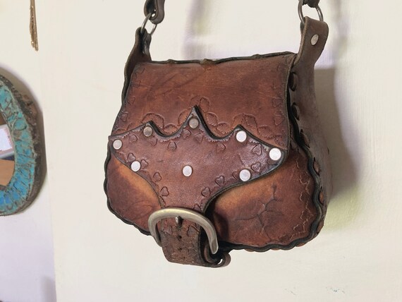 Vtg Hippie Tooled Flowers Hearts Leather Purse Bag Etsy