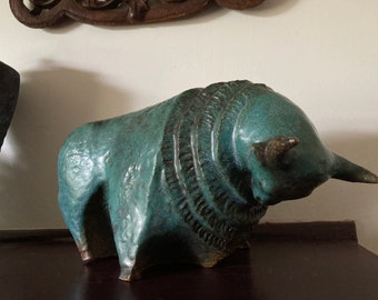 MCM Modernist 13.5" Bull Sculpture Turquoise Glaze