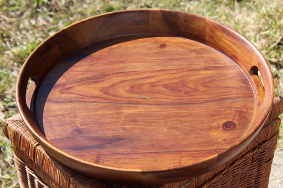 Large Round Walnut Serving Tray Handmade Vintage with | Etsy