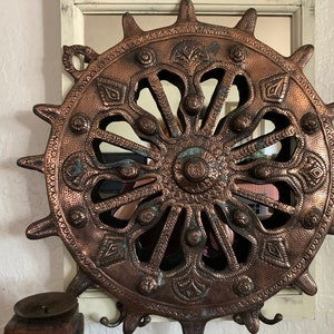 Vtg Buddhist 20&quot; Copper Dharma Wheel Wall Hanging.