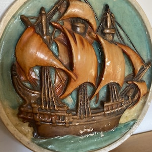 Vintage Chalkware Sailing Ship  12&quot; Wall Plaque Hanging