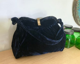 1950s Frilo Navy Blue Velvet Dressy Handbag w/ Small Pocket Mirror