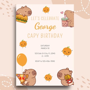 Modello di invito di compleanno per capibara | Invito alla festa Kawaii modificabile su Canva | Design carino e divertente di un capibara | Carta fai da te con download digitale istantaneo