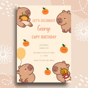 Convite de aniversário Capivara | Modelo de festa editável | Convite divertido e fofo para capivara | Cartão personalizável faça você mesmo | Tag de convite de agradecimento