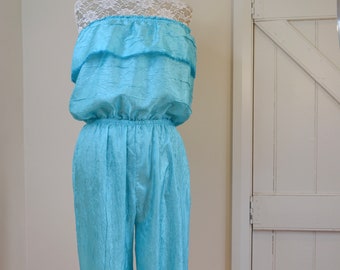 Handmade Vintage Strapless Jumpsuit in Turquoise Crinkle Satin - Aqua Beach Ocean Tropical  Island Style - Medium