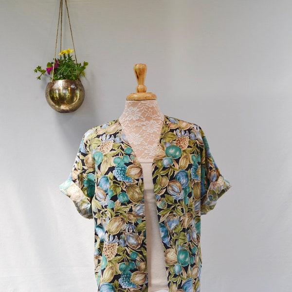 Vintage Handmade Cotton Smock - Open Crop Bolero - Loose Fit Lightweight Short Sleeve Jacket - Teal, Cornflower Blue, Beige Floral -One Size