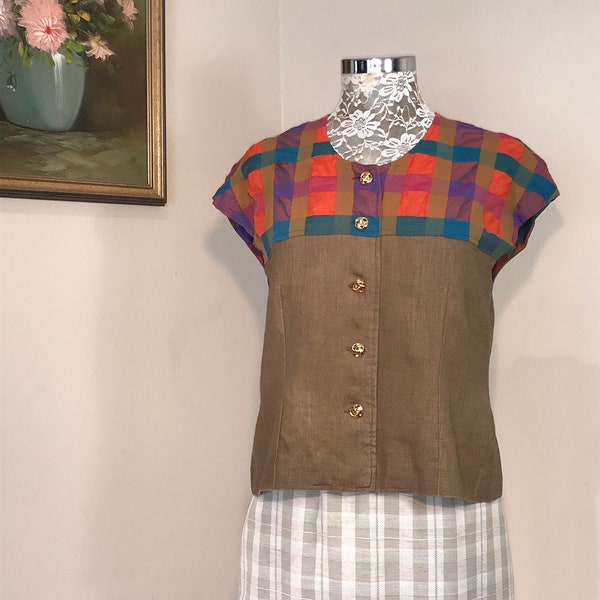 90's Handmade Rich Chestnut Brown Linen w/ Plaid Shoulders - Cute Gold Buttons -  Sleeveless Spring Summer Autumn - Med