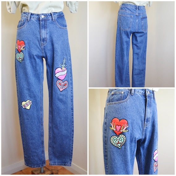 90s Pop Art Heart Patch Jeans: High Waist Denim, 32